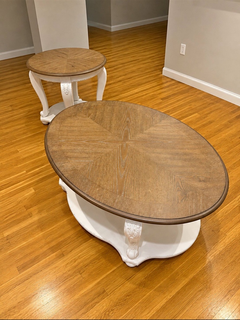 TWO Wood Top Oval Coffee Table with White Base - Brown/White